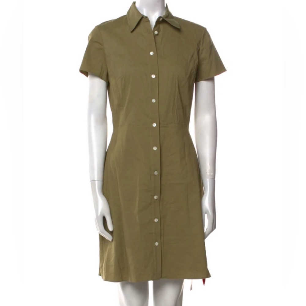 Theory Olive Short Sleeve Mini Dress Linen Blend With Collar